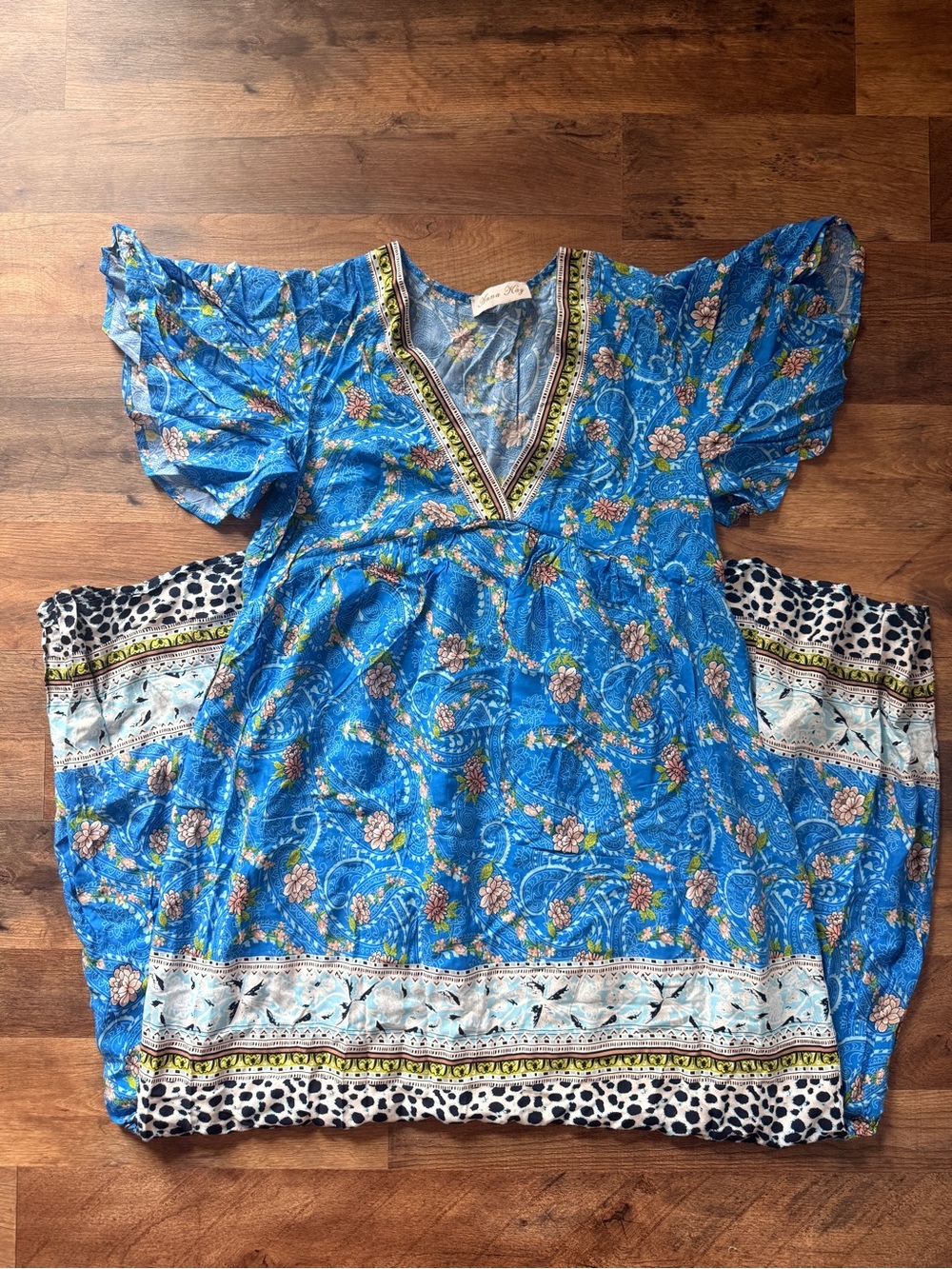 Blue Floral V-Neck Dress with Border Trim